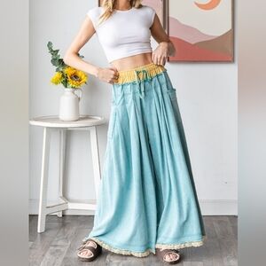 H205 Blue Wide-Leg Pants with Yellow Waistband